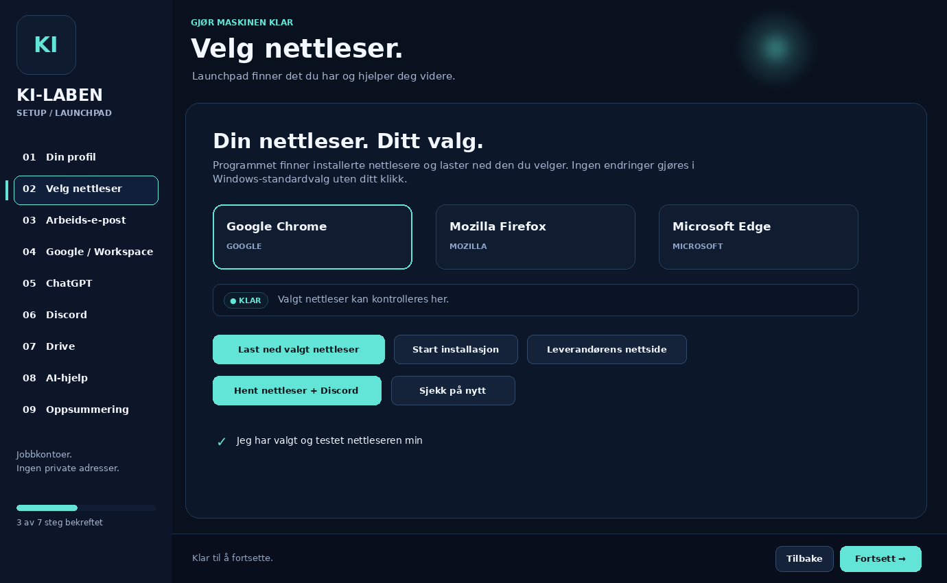 UI-forhåndsvisning med Chrome, Firefox og Edge som nettleservalg